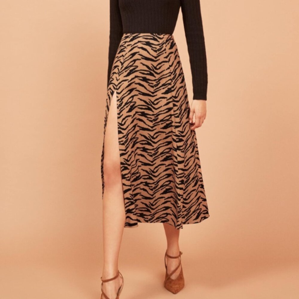 Reformation Zoe Skirt Black and Brown Tiger Print